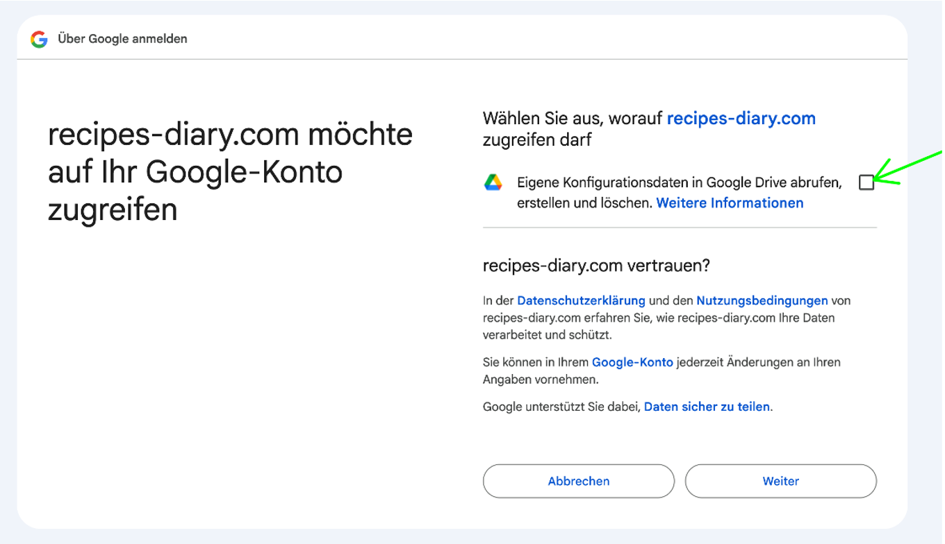 Hinweis zur Google-Anmeldung